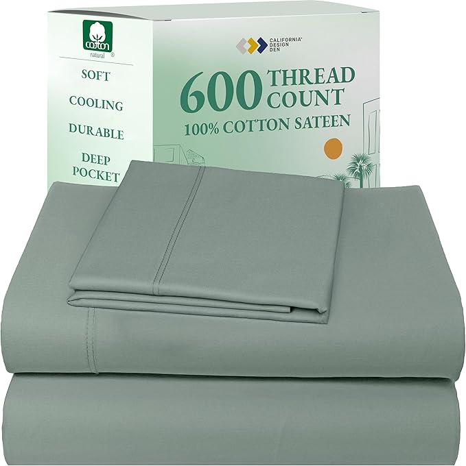 California Design Den Luxury Twin Sheet Set - 100% Cotton, 600 Thread Count Deep Pocket Twin Sheets, Soft Hotel-Quality Bedding with Sateen Weave (Sage Green - Cool Tone)