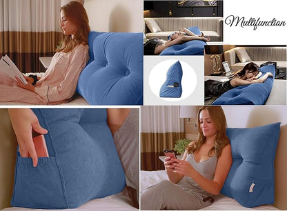 Triangular Reading Bed Rest Pillow Large Bolster Cushion Headboard Backrest Wedge Pillow with Removable Cover and Two Large Side Pockets (Turquoise, Twin: 39 x 8 x 20 inches)