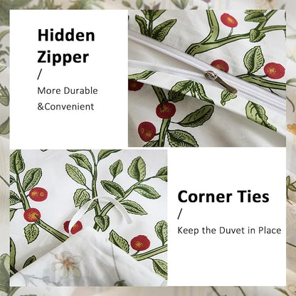 Duvet Cover King Size - 100% Cotton Reversible Floral King Duvet Cover Set with Zipper Closure, 3 Pieces Soft & Breathable Green Bedding Set for All Seasons