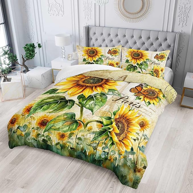 Yellow Sunflowers Comforter 3Pcs Queen Butterfly Rustic Floral Pattern Bedding Set for Kid Teen Girl Boy Adult Room Decor Paris Eiffel Tower Postmark Quilt with 1 Comforter and 2 Pillowcases