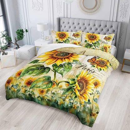 Yellow Sunflowers Comforter 3Pcs Twin Butterfly Rustic Floral Pattern Bedding Set for Kid Teen Girl Boy Adult Room Decor Paris Eiffel Tower Postmark Quilt with 1 Comforter and 2 Pillowcases