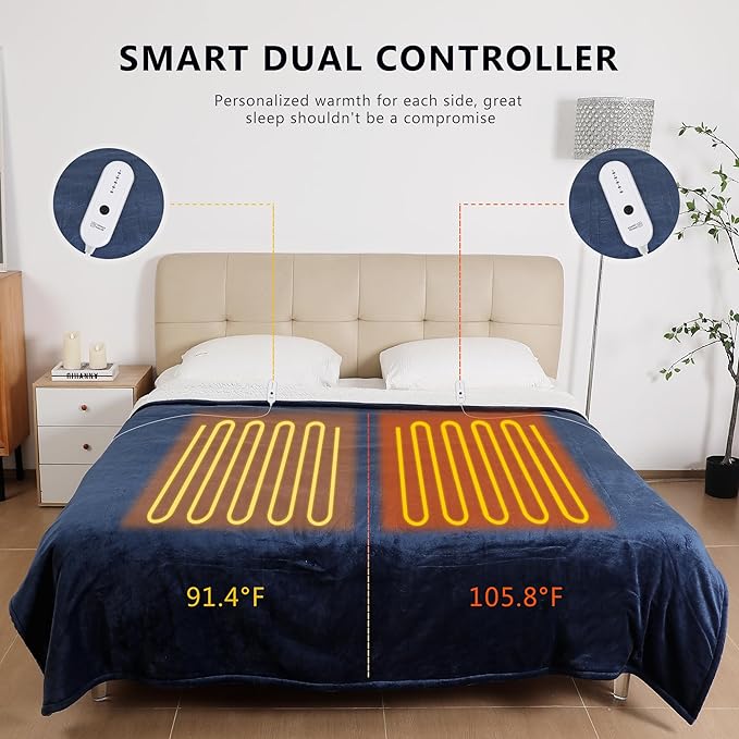 ESTINGO Heated Blanket Queen Size, Soft Queen Heated Electric Blanket, Machine Washable Plush Heated Blanket with Dual Control 5 Heating Levels & 10 Hours Auto Off, 84" x 90", Navy Blue