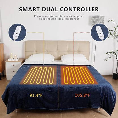 ESTINGO Heated Blanket Electric King Size, Soft Heated Electric Blanket, Washable Plush Heated Blanket with Dual Control 5 Heating Levels & 10 Hours Auto Off, 100" x 90", Navy Blue