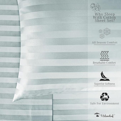URBANHUT 1000 Thread Count Damask Striped Queen Sheet Set Egyptian Cotton, Long Staple Soft & Breathable, 4 Pcs Bed Sheet Sets, Luxury Hotel Sateen Finish Sheets Fits 16" Deep Pocket - Light Blue