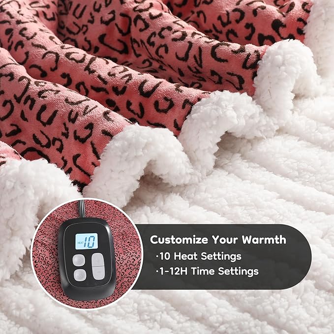 Electric Heated Blanket Full Size 72x84 - Leopard Print Flannel Soft Heating Blanket with 10 Heat Levels & Auto Shut Off, Machine Washable Warm Throw for Bed Couch, Black Red