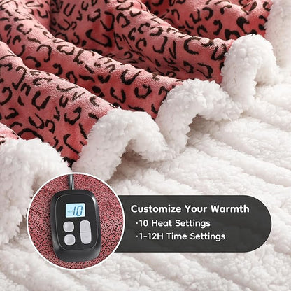 Electric Heated Blanket Full Size 72x84 - Leopard Print Flannel Soft Heating Blanket with 10 Heat Levels & Auto Shut Off, Machine Washable Warm Throw for Bed Couch, Black Red