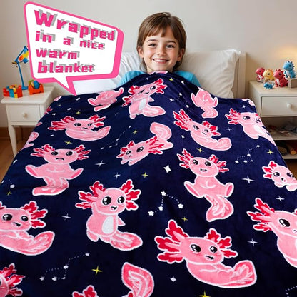 Twin Size Axolotl Throw Blanket for Bed & Couch - Glow in The Dark Blankets Axolotl Gifts for Girls & Women, Lightweight Soft Salamander Throw for Bedroom Decor 60x80 inches