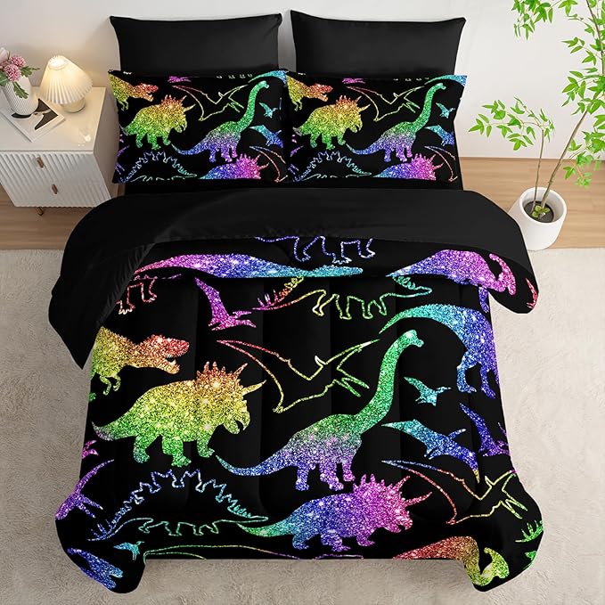Rainbow Dinosaur Comforter Set (7 Piece) - Kids Bedding Black Dinosaur Duvet Set for Boys Girls Teens, Quilt Bed Set with 2 Pillow Shams, Flat Sheet & Fitted Sheet (Twin) - Room Decor Gifts