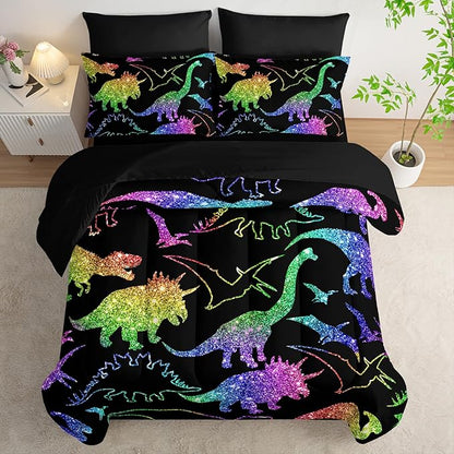 Rainbow Dinosaur Comforter Set (7 Piece) - Kids Bedding Black Dinosaur Duvet Set for Boys Girls Teens, Quilt Bed Set with 2 Pillow Shams, Flat Sheet & Fitted Sheet (Twin) - Room Decor Gifts