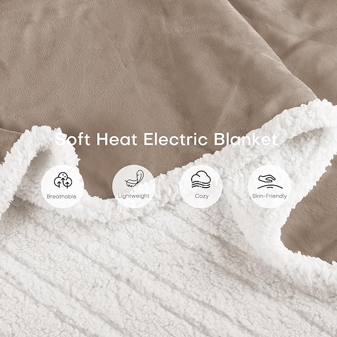 Electric Heated Blanket Twin Size 62"x84" - Dual-Sided with Microplush & Sherpa Fabric, 4 Heat Settings & 10 Hours Auto Off, Machine Washable - Light Brown