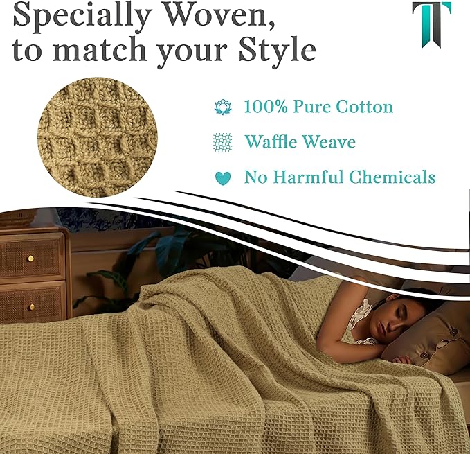 Tex Trend Waffle Blanket – 100% Cotton Blankets Queen Size – Breathable and Soft for Christmas – Suitable for Bed Layering, Sofa & Couch - Khaki (90”x90”)