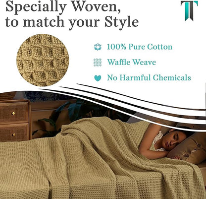 Tex Trend Waffle Blanket – 100% Cotton Blankets Queen Size – Breathable and Soft for Christmas – Suitable for Bed Layering, Sofa & Couch - Khaki (90”x90”)