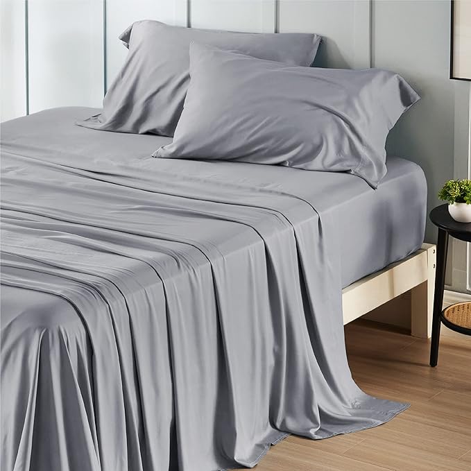 Bedsure Full Size Bed Sheets, Cooling Sheets, Rayon Derived from Bamboo, Breathable & Soft, Deep Pocket Up to 16 Inches, Hotel Luxury Silky Bedding for Hot Sleepers, Silver Grey