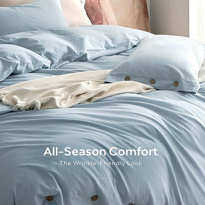 JELLYMONI 100% Washed Cotton Duvet Cover Twin – Soft, Breathable Linen-Look Bedding with Natural Wrinkle Texture, Button Closure, 3-Piece Set (Mist Blue, 68"x90")