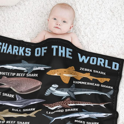 Shark Blanket for Adult Kids Shark Gifts for Shark Lovers Warm Plush Sharks of The World Throw Blanket for Couch Bedding Room Decor Shark Plush Gifts for Boys Birthday Decor 30"x40"-XS