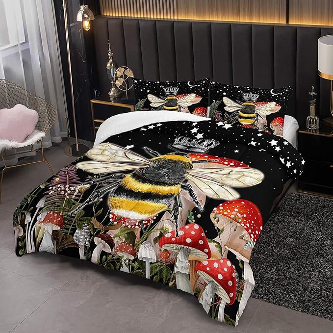 Black Bee Comforter Set Twin Size, 3Pcs Animal and Mushroom Moom Stars Bedding Set for Kids Adults with 2 Pillowcases for Bedroom All Season