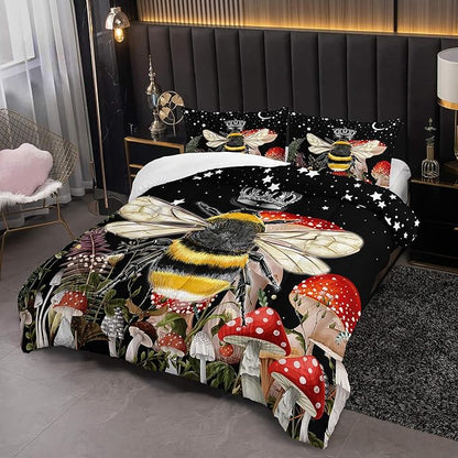 Black Bee Comforter Set Queen Size, 3Pcs Animal and Mushroom Moom Stars Bedding Set for Kids Adults with 2 Pillowcases for Bedroom All Season
