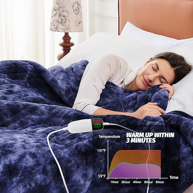 greenoak Heated Electric Blanket Throw, Faux Fur Sherpa Heating Blanket for Sofa Bed, Warm Winter Gifts for Dad/Grandma, Heater Lap Blankets 5-Position Timer &10 Heating Levels 84'*90" Cobalt