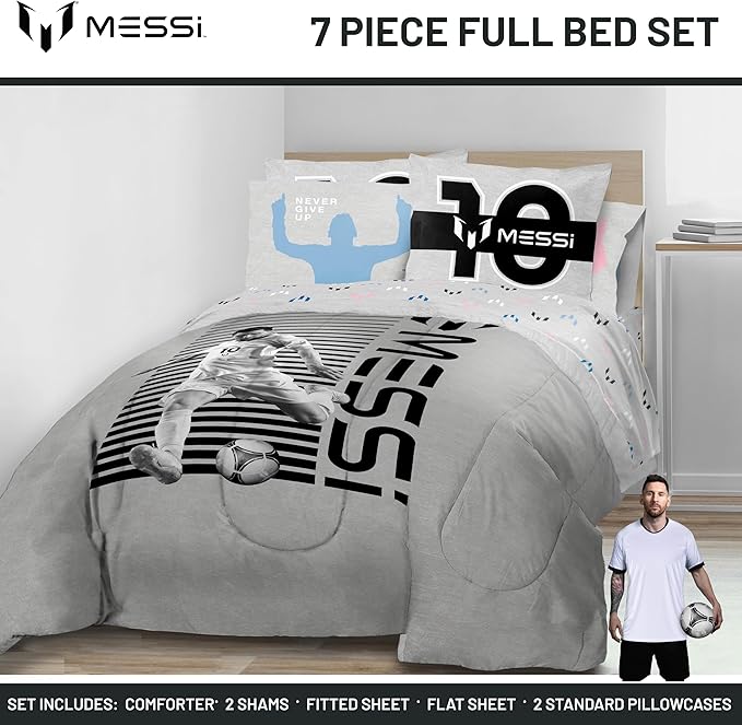 Jay Franco Kids Comforter Set Includes Sheets and Pillow Cover - Soft and Cozy Bed Set for Stylish Room Décor, Grey - Lionel Messi, 7 Piece Full
