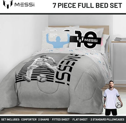 Jay Franco Kids Comforter Set Includes Sheets and Pillow Cover - Soft and Cozy Bed Set for Stylish Room Décor, Grey - Lionel Messi, 7 Piece Full