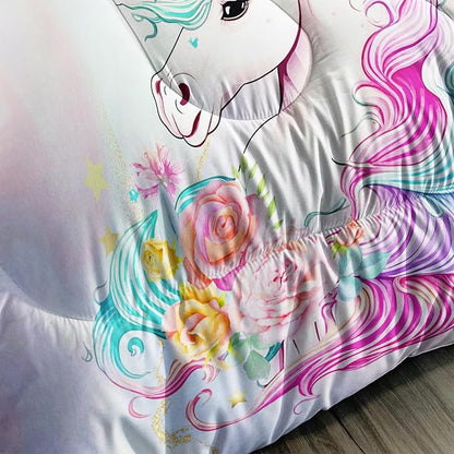 Kid Unicorn Comforter Set Queen Size 3Pcs Star Rose Marble Pattern Quilt Bedding Set for Boys Girls with 1 Comforter and 2 Pillowcases