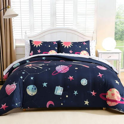 Queen Comforter Sets Planet, Space Bedding Set for Girls Boys Teen, All Season Kids Bed in a Bag 7 Pieces with Sheets, Pillowcases & Shams
