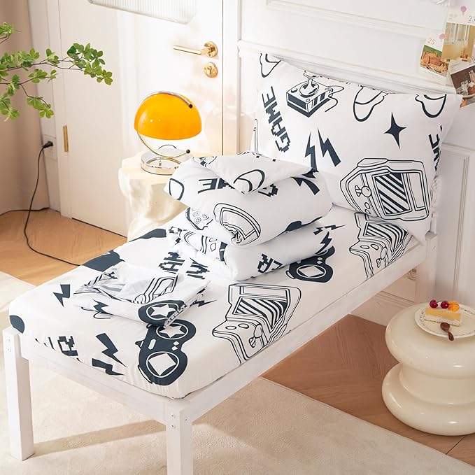 SDIII 4 Piece Gamer Toddler Bedding Set, Soft Microfiber Gaming Toddler Bedding Sets for Boys with Comforter, Fitted Sheet, Flat Sheet and Pillowcase