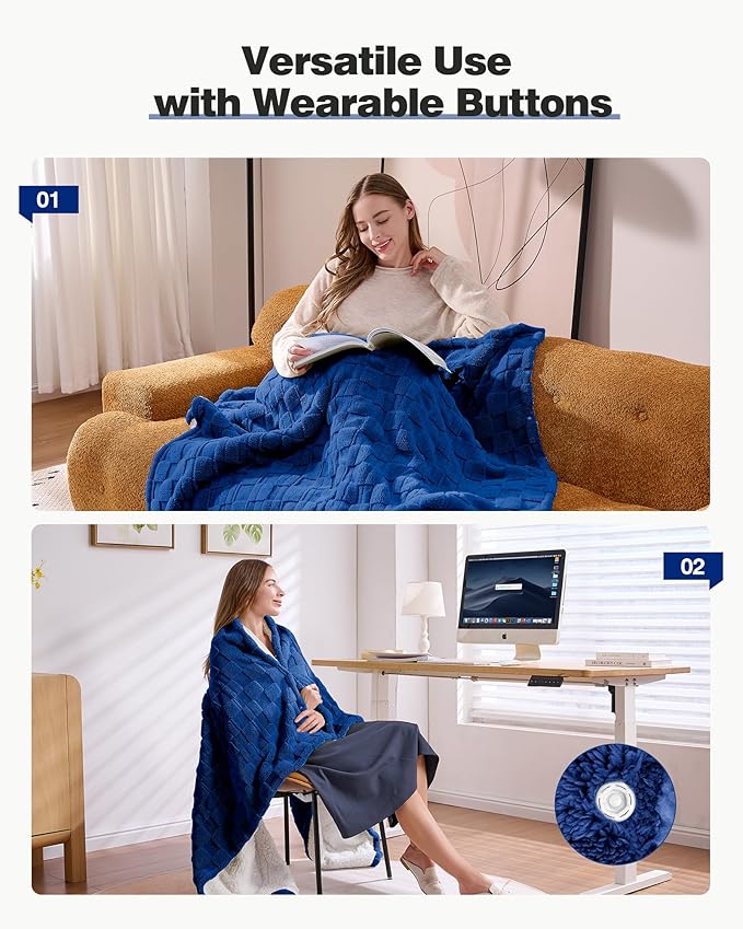 Heated Throw Blanket 50"x60" - 9-Level Fast Heating & 1-10H Timer, Fluffy Plush Blanket with Snap Buttons for Secure Fit, Warm Gift for Women/Men, for Couch, Bed & Office, Pageant Blue