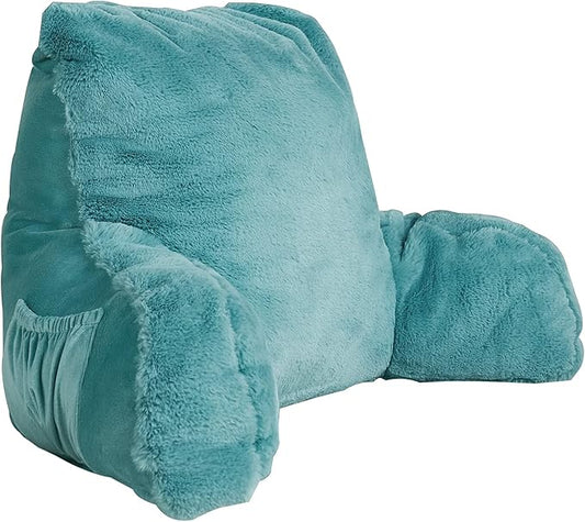Home Soft Things Fox Faux Fur Bedrest Reading Pillow with Handle and Side Pocket, Backrest Armrest Pillow Back Support for Sitting up in Bed, Aqua, 20" x 18" x 17"