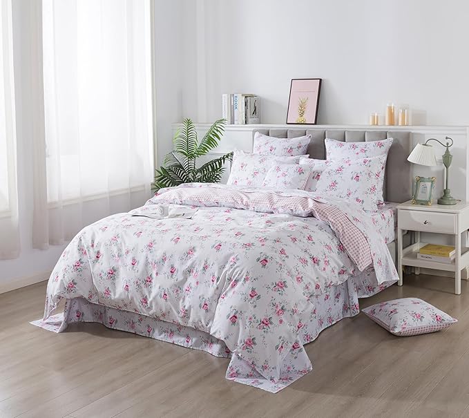 FADFAY Rose Duvet Cover Set Twin XL College Dorm Bedding Vintage Pink Floral Girls Bedding 100% Cotton Soft Breathable Comforter Cover with Hidden Zipper Closure 3Pcs, Twin XL Size for Dorm Room