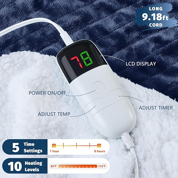 BOMOVA Heated Electric Blanket Twin - 62" x 84" Heating Blanket with 10 Heating Levels & 8 Hours Auto Off, Warm Flannel Blanket, Christmas Birthday Gifts for Women