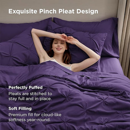 Bedsure Full Comforter Set Purple - Bed in a Bag Full Size Bedding Set 7 Pieces, GentleSoft™ Pintuck Bed Set Gift for Family, Pinch Pleat All Season Comforter with Sheets, Pillowcases & Shams