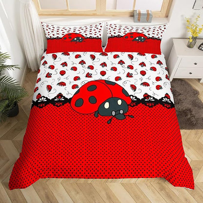 Cute Ladybugs Duvet Cover Set Twin Size,Red Black Dots Entomology Theme Bedding Set for Kids Girls Boys Teens Room Decor,Cartoon Animals Comforter Cover Vivid Natural Quilt Cover,1 Pillowcase