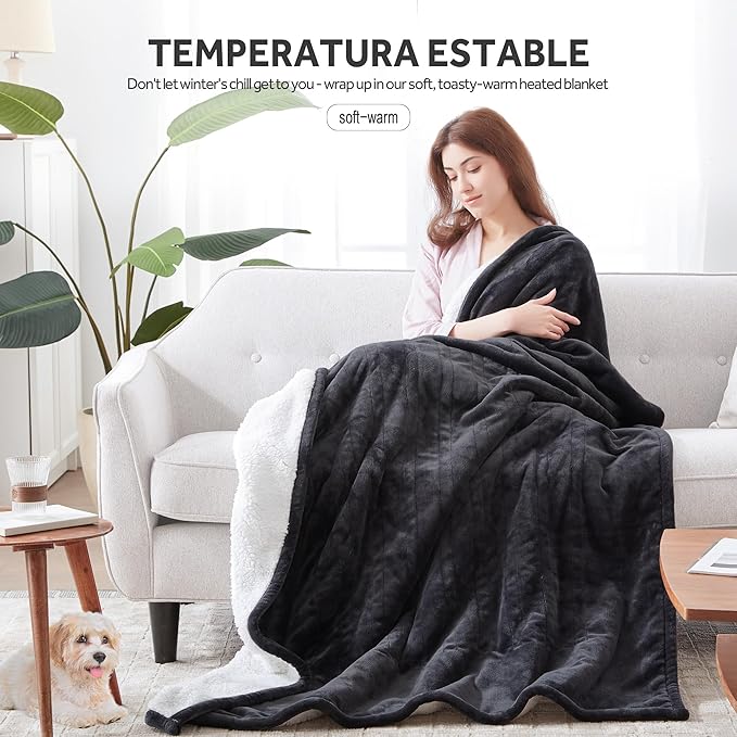 Heated Blanket Electric Blanket Queen Size Soft Flannel Sherpa, 6 Heat Levels Fast Heating, 2 to 10 Hours Auto-Off Detachable Controller Machine Washable, Grey 84"x90"
