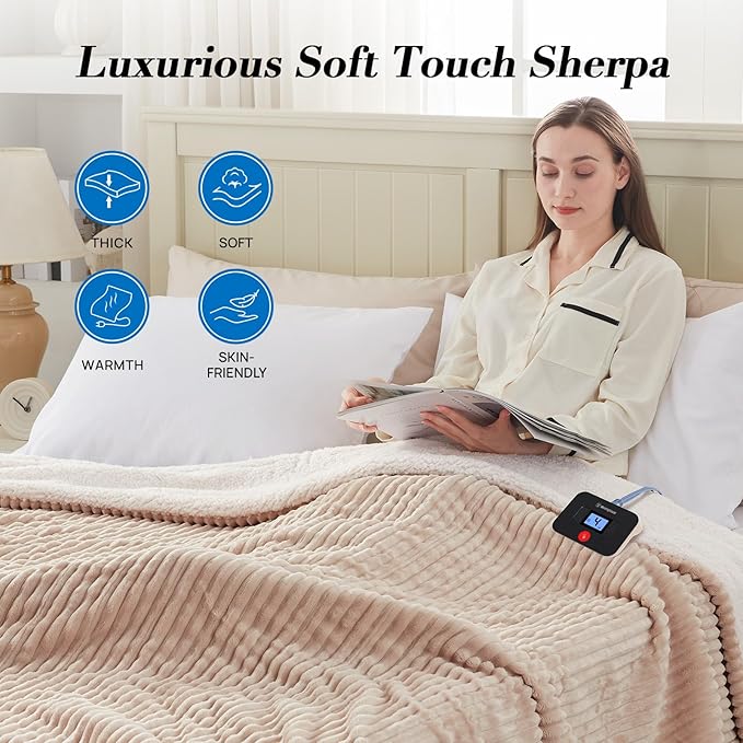 Westinghouse Electric Blanket Twin, Soft Ribbed Flannel to Sherpa Heated Blanket with 10 Heating Levels & 1-12 Hours Auto Shut Off, Fast Heating & Machine Washable, 62x84 Inch, Beige