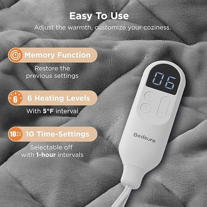 Bedsure Electric Blanket Full Size - Quilted Heated Blanket Full, Soft Flannel Thick Heating Blanket with 10 Time Settings & 6 Heat Settings, Warm Gifts for Women Men (72x84 inches, Formal Gray)