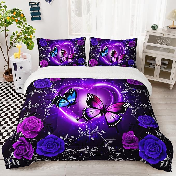 QOOMO Blue Butterfly Soft Sherpa Comforter，Blue Flower Plush Warm Fall Winter Bedding Sets for Girls Boys，Star Sky Ultra-Soft Sherpa King Comforter Set with 2 Pillow Shams，3 Piece Set