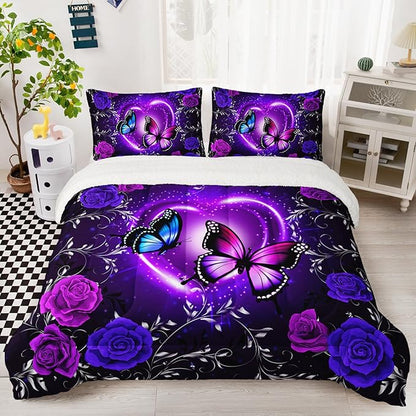 QOOMO Blue Butterfly Soft Sherpa Comforter，Blue Flower Plush Warm Fall Winter Bedding Sets for Girls Boys，Star Sky Ultra-Soft Sherpa King Comforter Set with 2 Pillow Shams，3 Piece Set