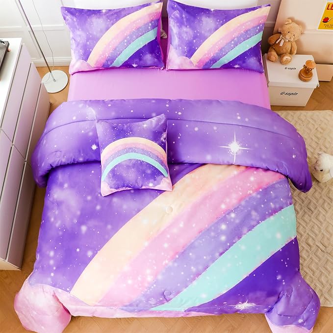 ANGIYUIN Deep Purple Girls Full Size Comforter Set Gradient Glitter Kids Bedding Sets 6 Pieces Soft Lightweight Galaxy Bed in A Bag with Sheets for Teens