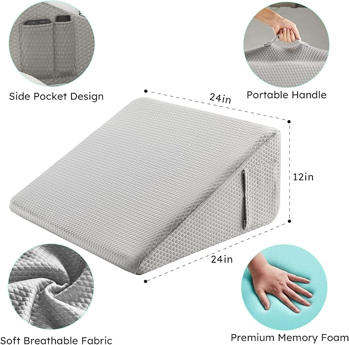 Bedluxe Wedge Pillow,12 inch Bed Wedge Pillow for Headboard, Pillow Wedge for Acid Reflux Relief, Sleeping, After Surgery, Snoring, Gerd, Triangle Pillow Wedge - Cooling Memory Foam Top, Grey