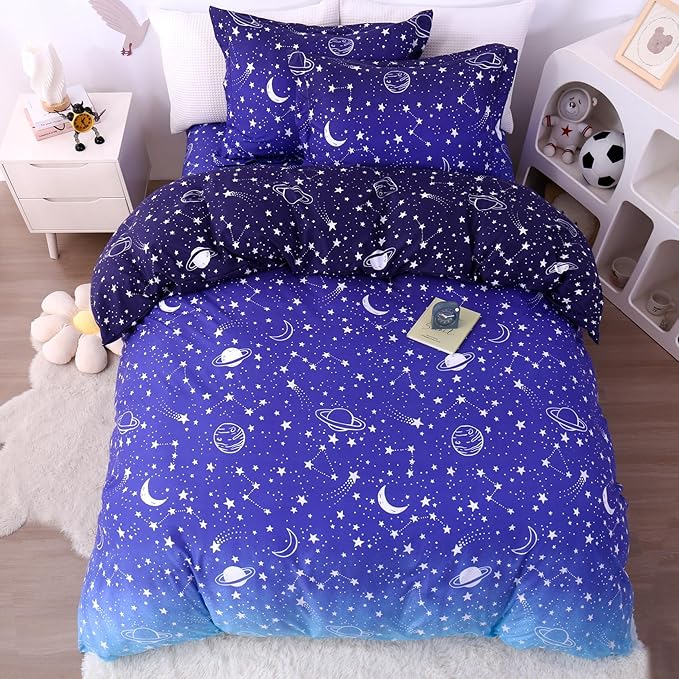 JSD Blue Stars Kids Duvet Cover Set Twin Size, 2 Piece Boys Space Theme Microfiber Comforter Cover with Pillow Sham Zipper Closure, Comforter Not Included