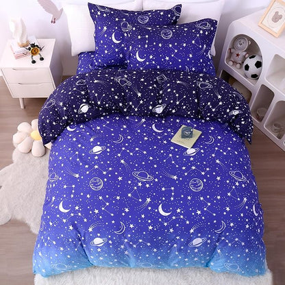 JSD Blue Stars Kids Duvet Cover Set Twin Size, 2 Piece Boys Space Theme Microfiber Comforter Cover with Pillow Sham Zipper Closure, Comforter Not Included