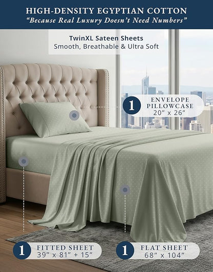 LANE LINEN 100% Egyptian Cotton Bed Sheets Twin Extra Long Sheet Set, Sateen Weave, Luxury Hotel Sheets, Perfect for Dorm Room & Hospital Beds, Jaquard Swiss Dot - Mineral