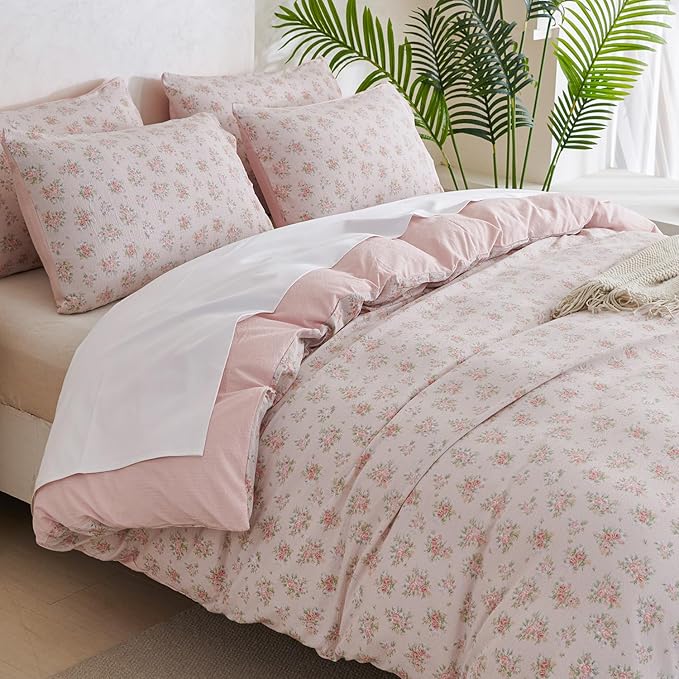 Duvet Cover Set Queen Size Floral Luxury Soft Brushed Microfiber Crinkle Gauze Fabric 3 Pieces Bedding Set Flower Pattern Queen Duvet Cover with Zipper Closure Breathable Comfy