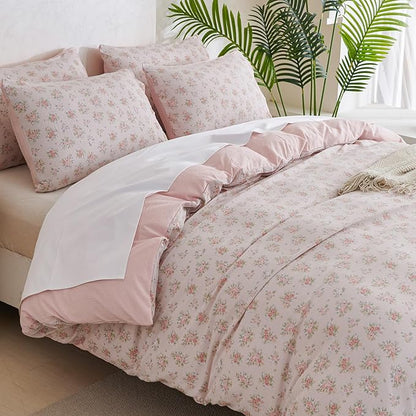 Duvet Cover Set Queen Size Floral Luxury Soft Brushed Microfiber Crinkle Gauze Fabric 3 Pieces Bedding Set Flower Pattern Queen Duvet Cover with Zipper Closure Breathable Comfy