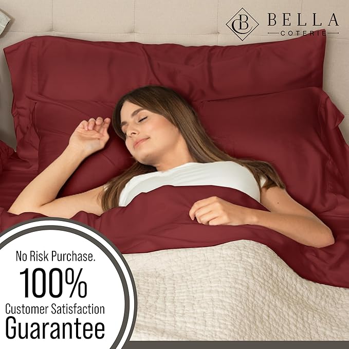 Bella Coterie 7 Piece Luxury Bamboo Viscose Split King Size Sheet Set | 2 Fitted Sheets for Adjustable Beds | 100% Organically Grown | Cooling for Hot Sleepers | 4 Pillowcases [Merlot]