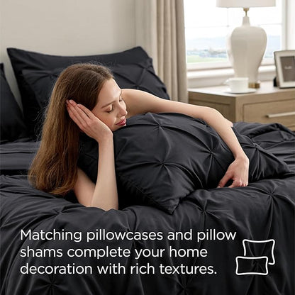 Bedsure California King Comforter Set Black - Bed in a Bag Cal King Bedding Set 7 Pieces, GentleSoft™ Pintuck Bed Set Gift for Family, Pinch Pleat Black Comforter with Sheets, Pillowcases & Shams