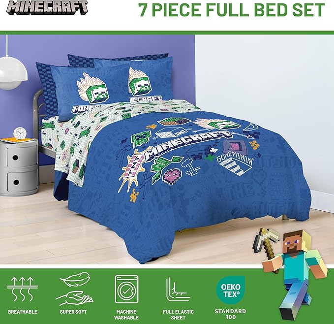 Jay Franco Kids Comforter Set Includes Sheets and Pillow Covers - Soft and Cozy Bed Set for Stylish Room Decor, Blue - Minecraft 02, 7 Piece Full Bedding