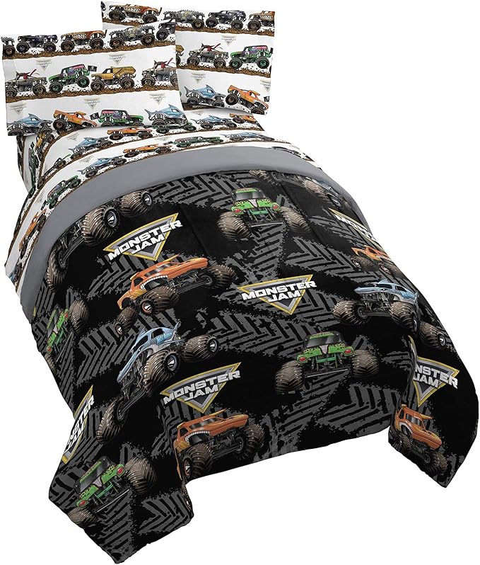 Jay Franco Monster Jam Tracks 5 Piece Full Bed Set - Includes Comforter & Sheet Set - Bedding Features Grave Digger &,Megalodon - Super Soft Fade Resistant Microfiber (Official Monster Jam Product)