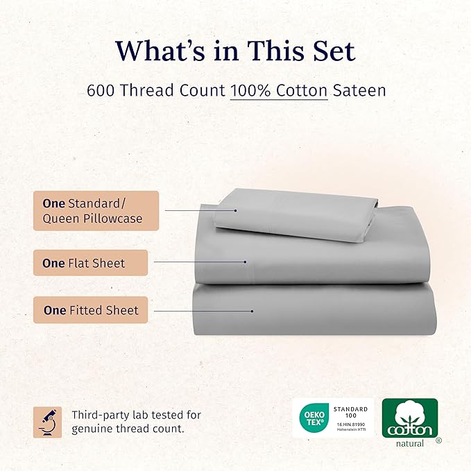 California Design Den Luxury Twin XL Sheet Set - 100% Cotton, 600 Thread Count Deep Pocket XL Twin Sheets, Soft Hotel-Quality Bedding with Weave - Light Grey